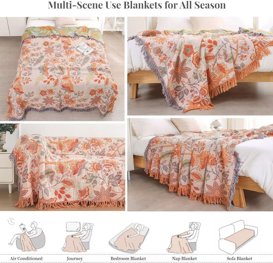 All-season Boho Cotton Reversible Couch Bed Cover Sofa Blanket