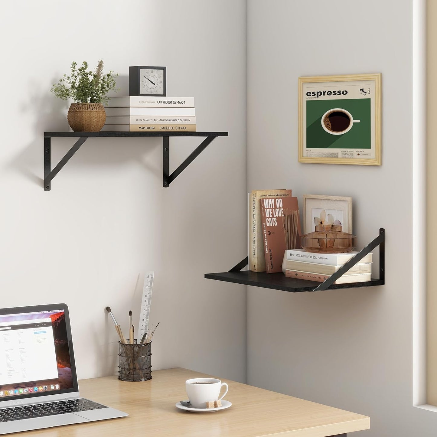 Fun Memories 12" Deep Floating Shelves for Wall Storage with Brackets Set of 2