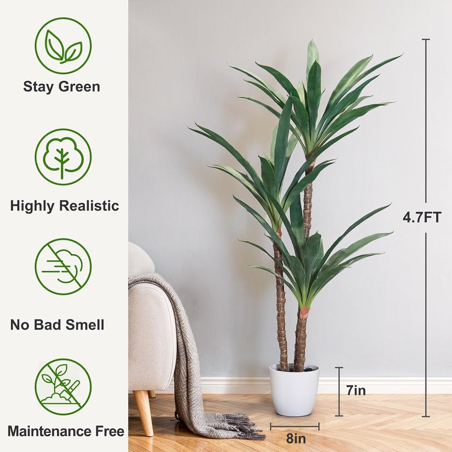 Fun Memories® 4.7ft Faux Agave Tree Artificial Plant with 3 Heads in Plastic Pot for Indoor/Outdoor Decor