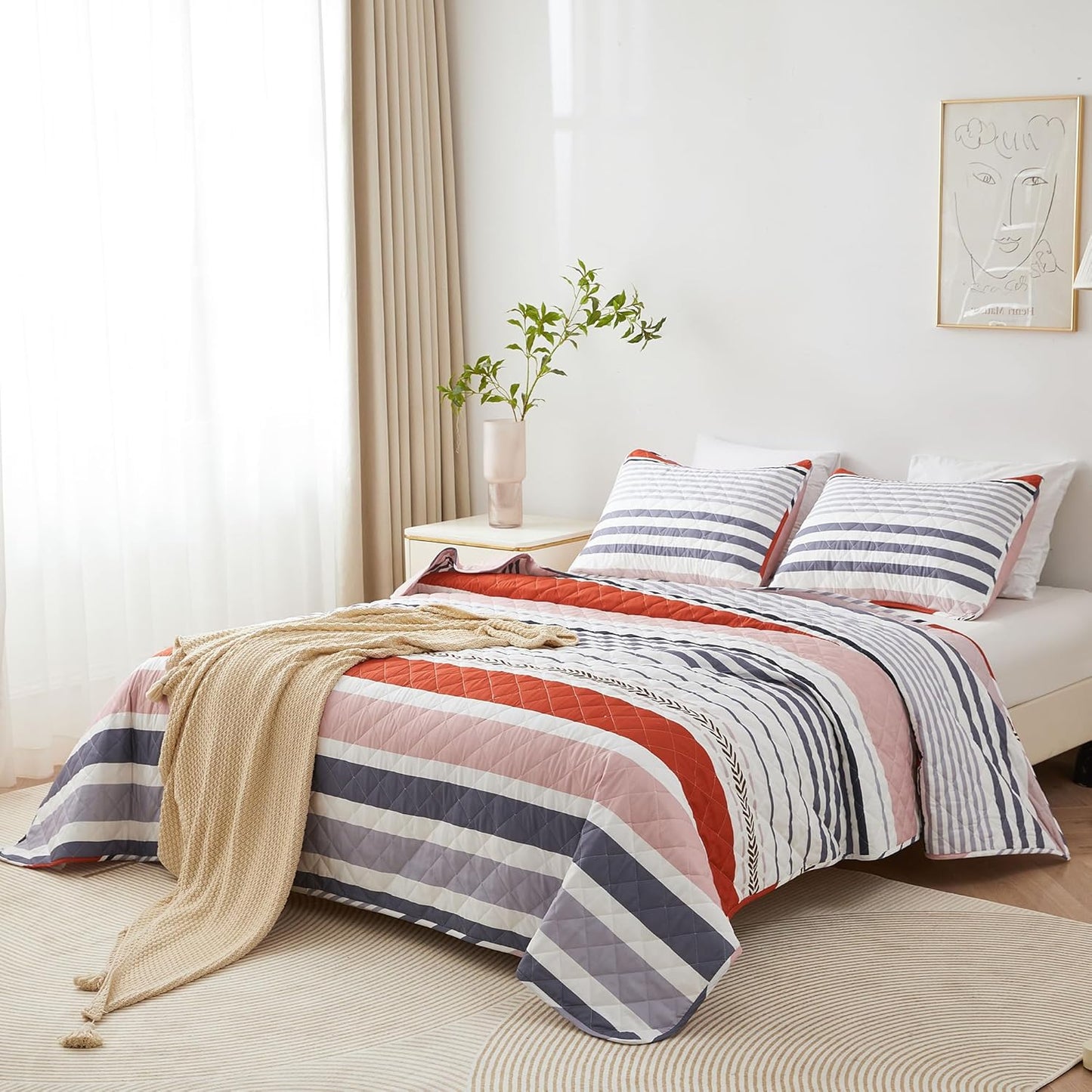 Bedmoon 3-piece All-season Stripe Reversible Soft Bedspread Quilt Set