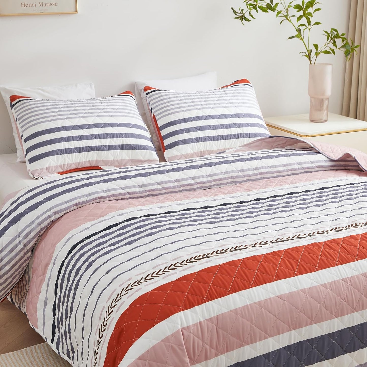 Bedmoon 3-piece All-season Stripe Reversible Soft Bedspread Quilt Set