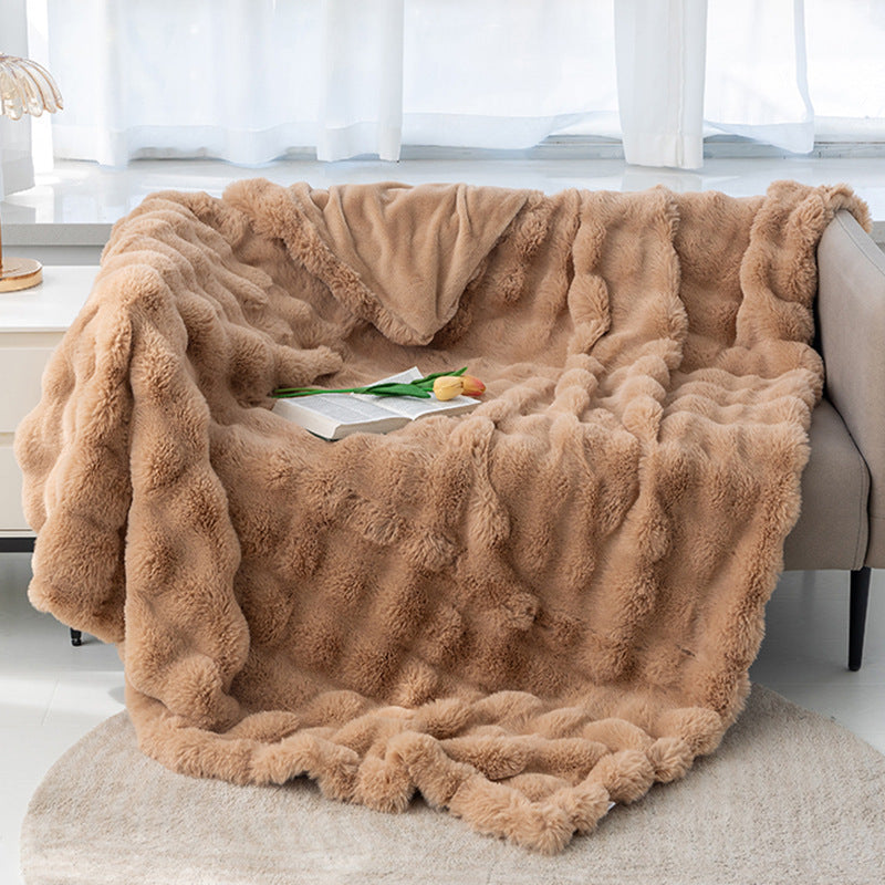 2024 Fall/Winter Luxurious Faux Rabbit Fur Bubble Fleece Warm Cozy Blanket for Bed Couch Sofa