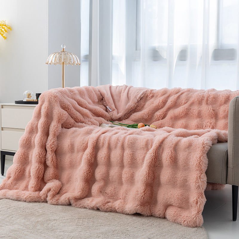 2024 Fall/Winter Luxurious Faux Rabbit Fur Bubble Fleece Warm Cozy Blanket for Bed Couch Sofa