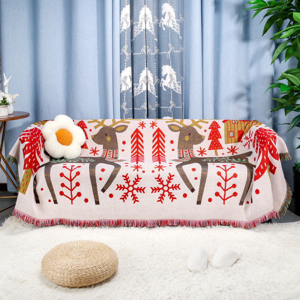 Merry Christmas Reindeer Tapestry Xmas Carol Throw Blanket with Tassel