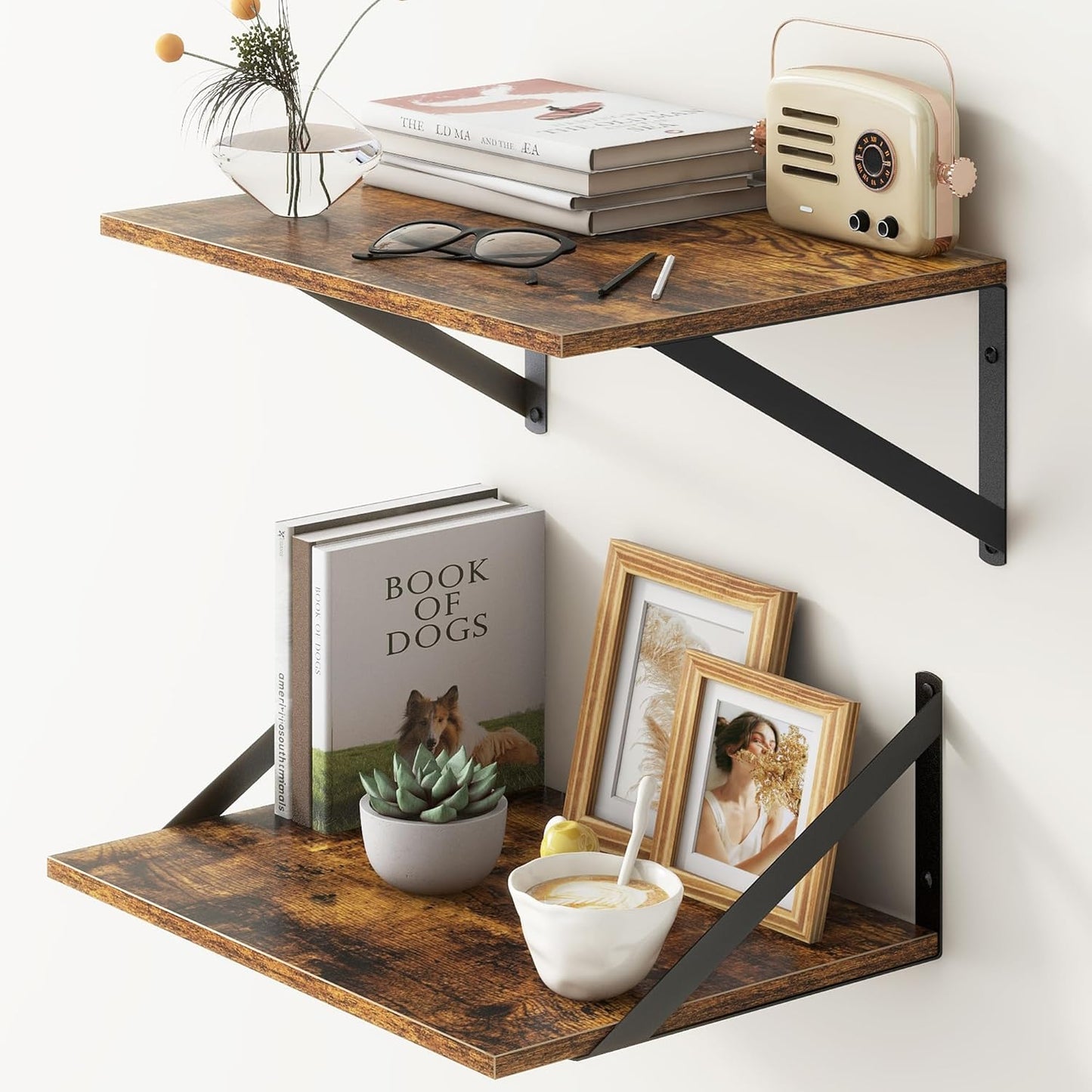 Fun Memories 12" Deep Floating Shelves for Wall Storage with Brackets Set of 2