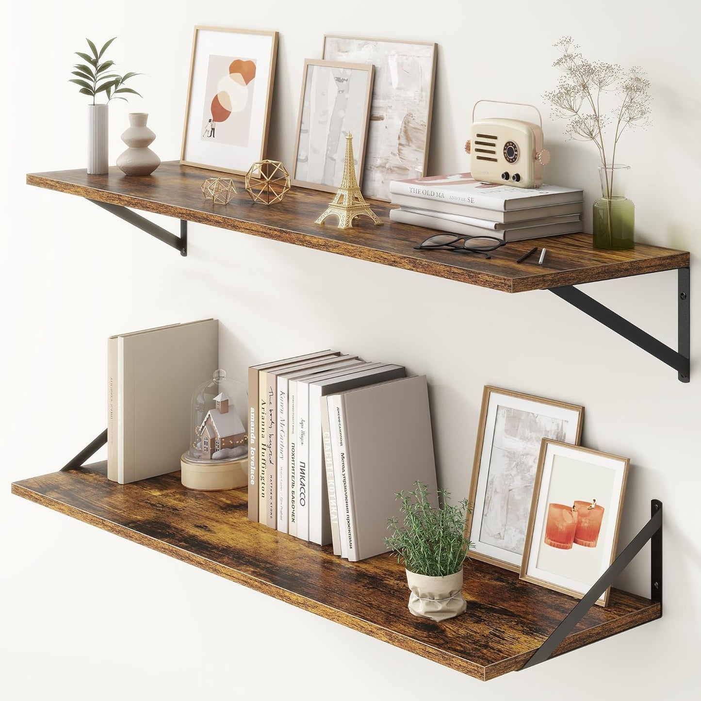 Fun Memories 12" Deep Floating Shelves for Wall Storage with Brackets Set of 2