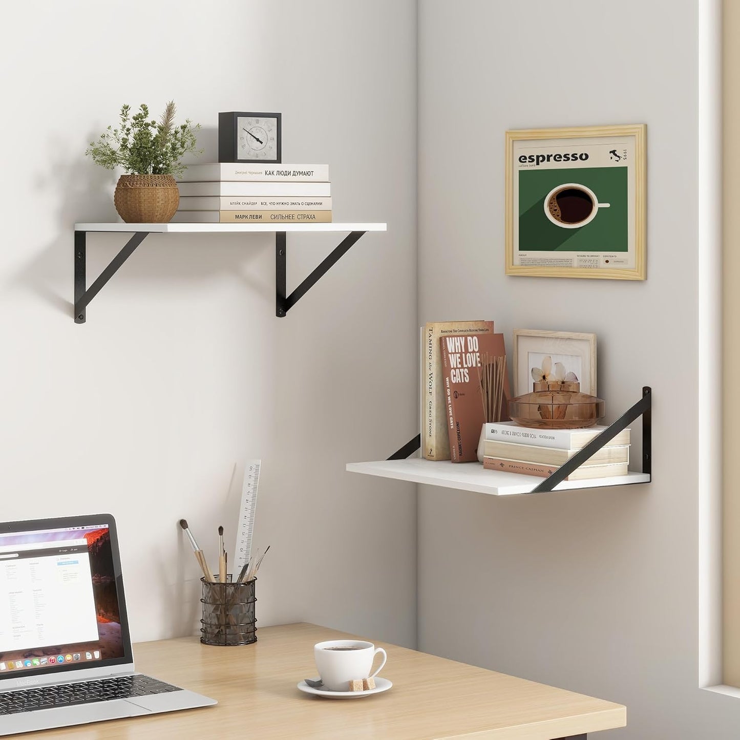 Fun Memories 12" Deep Floating Shelves for Wall Storage with Brackets Set of 2